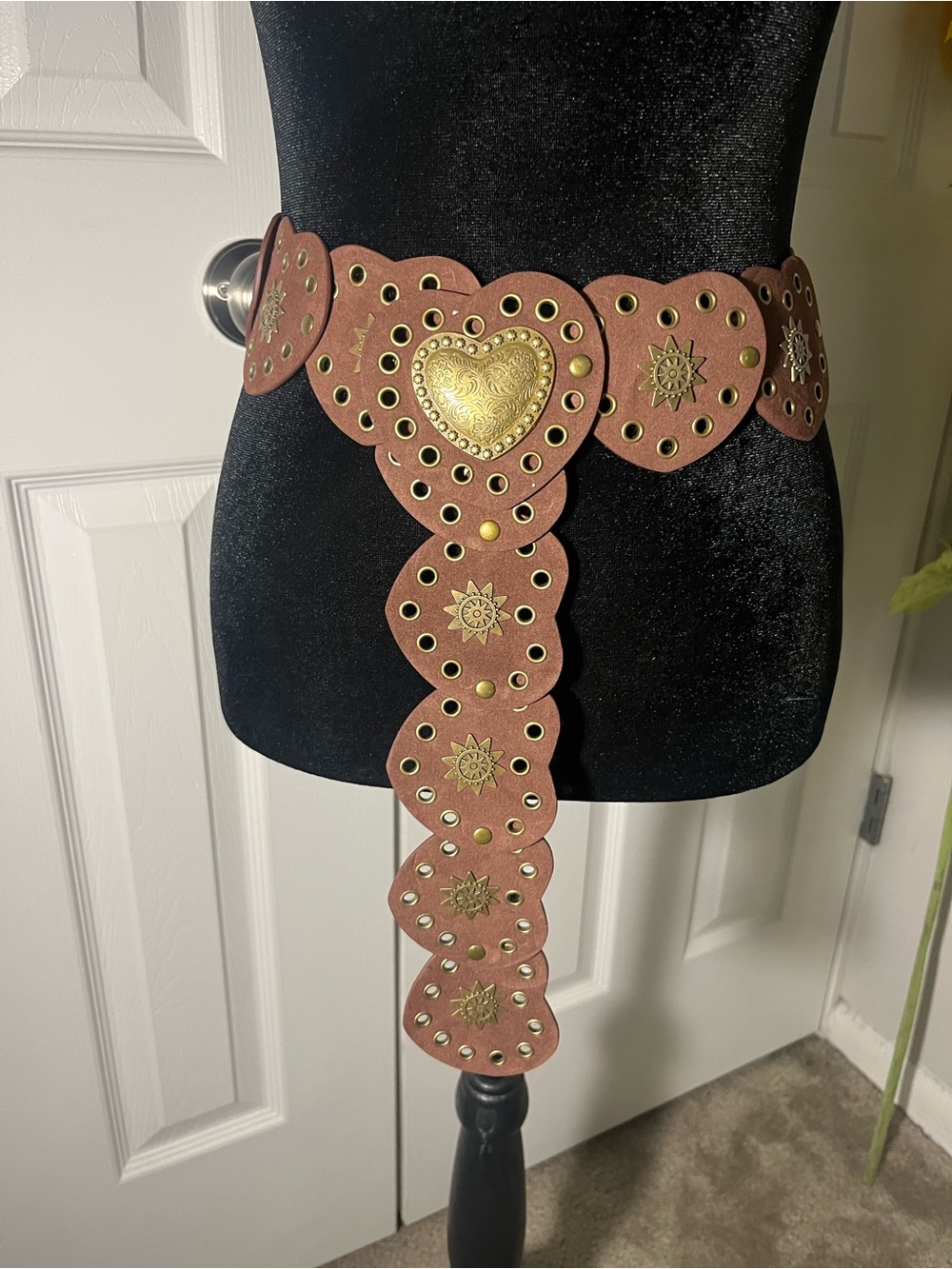 Statement Brown Heart Motif Studded Waist Belt with Gold Accents